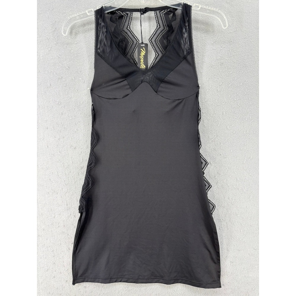 Mapale Lingerie Gown S M Black Lace Trim Slip Dress Mini‎ Sheer V-Neck Nightgown